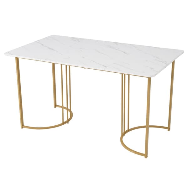Matbord 140x80 cm – Rektangulärt köksbord med marmormönstrad topp och guldfärgade metallben, vit/guld