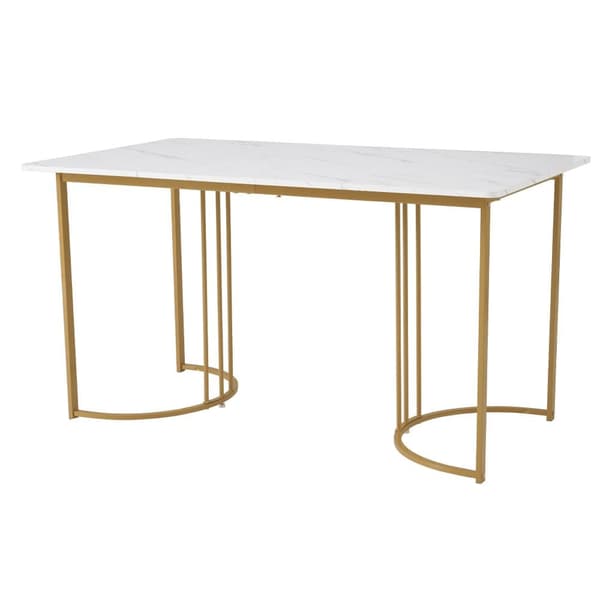 Matbord 140x80 cm – Rektangulärt köksbord med marmormönstrad topp och guldfärgade metallben, vit/guld