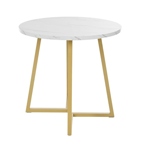 Rundt spisebord med marmormønster – Moderne køkkenbord med unik metalfod, hvid/guld