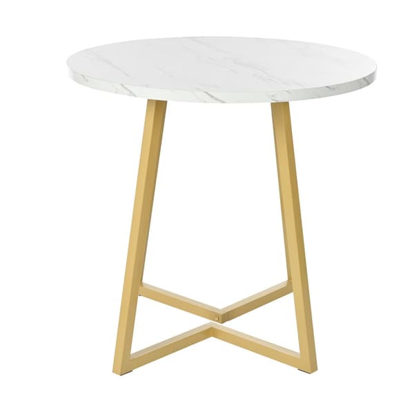 Rundt spisebord med marmormønster – Moderne køkkenbord med unik metalfod, hvid/guld