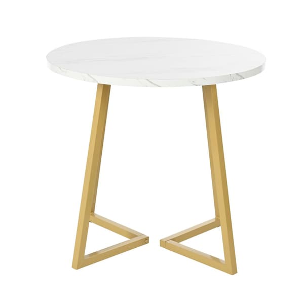 Rundt spisebord med marmormønster – Moderne køkkenbord med unik metalfod, hvid/guld