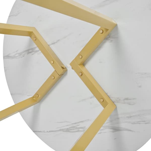 Rundt spisebord med marmormønster – Moderne køkkenbord med unik metalfod, hvid/guld