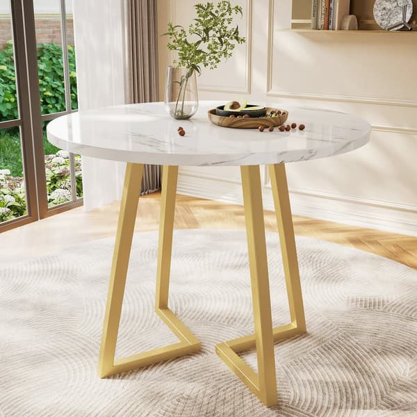 Rundt spisebord med marmormønster – Moderne køkkenbord med unik metalfod, hvid/guld