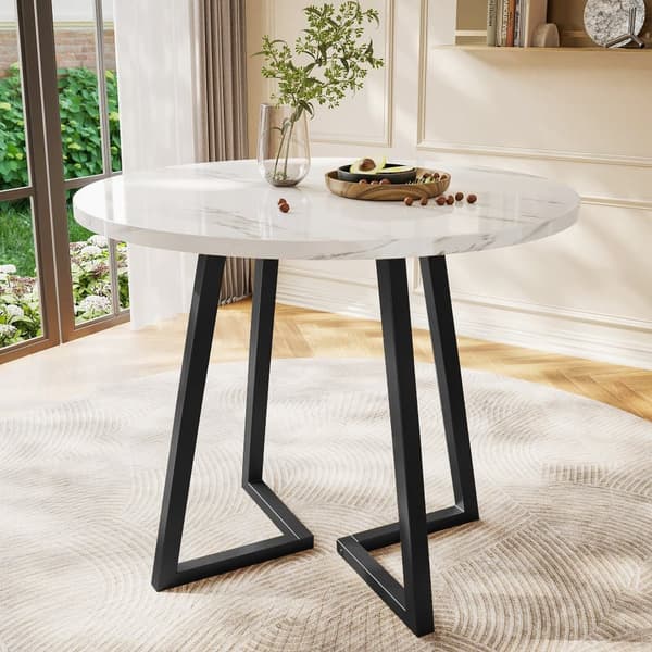 Rundt spisebord med marmormønster – Moderne køkkenbord med unik sort metalfod, hvid/sort