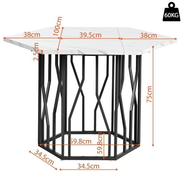 Moderne sekskantet marmor spisebord med sort metalbund, stilfuldt design, til spisestue og stue