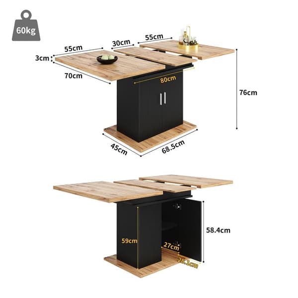 Utdragbart matbord med förvaring (140×70 cm), teleskopiskt köksbord med 3 hyllplan – naturlig trä + svart