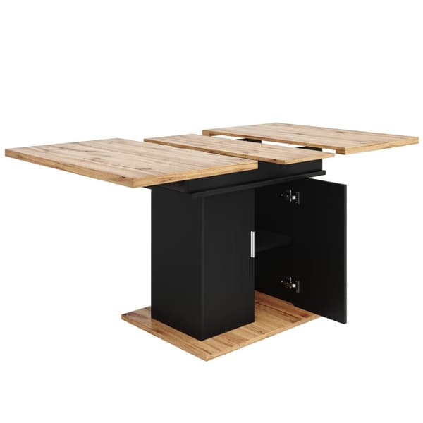 Utdragbart matbord med förvaring (140×70 cm), teleskopiskt köksbord med 3 hyllplan – naturlig trä + svart