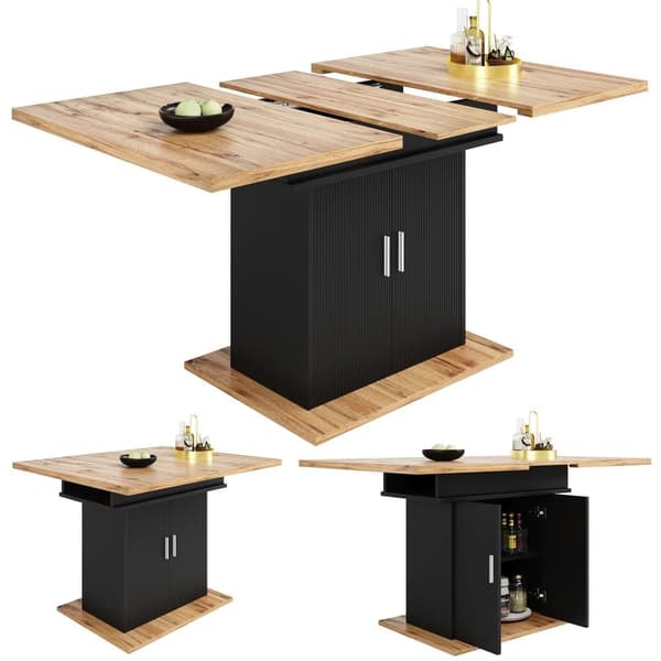 Utdragbart matbord med förvaring (140×70 cm), teleskopiskt köksbord med 3 hyllplan – naturlig trä + svart