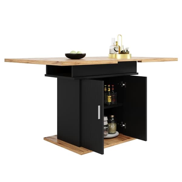 Utdragbart matbord med förvaring (140×70 cm), teleskopiskt köksbord med 3 hyllplan – naturlig trä + svart