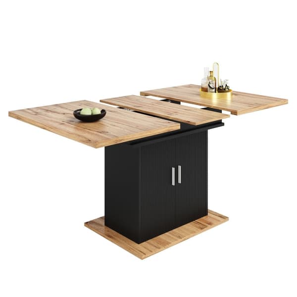 Utdragbart matbord med förvaring (140×70 cm), teleskopiskt köksbord med 3 hyllplan – naturlig trä + svart