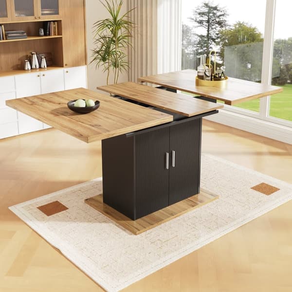 Utdragbart matbord med förvaring (140×70 cm), teleskopiskt köksbord med 3 hyllplan – naturlig trä + svart