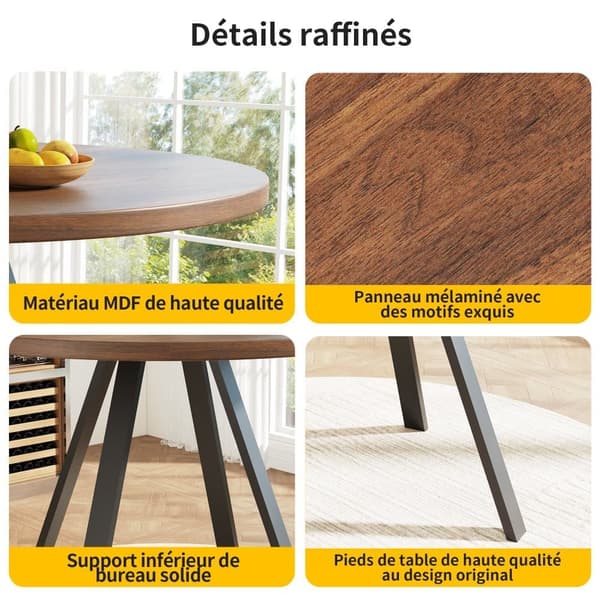 Runt matbord (80×80×75 cm) för 4 personer – köksbord med metallben, valnötsfärgad bordsskiva