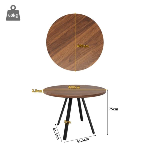 Runt matbord (80×80×75 cm) för 4 personer – köksbord med metallben, valnötsfärgad bordsskiva