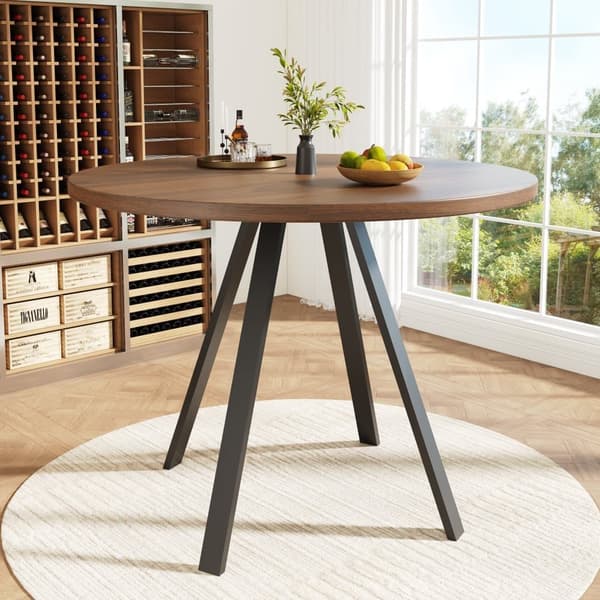 Runt matbord (80×80×75 cm) för 4 personer – köksbord med metallben, valnötsfärgad bordsskiva