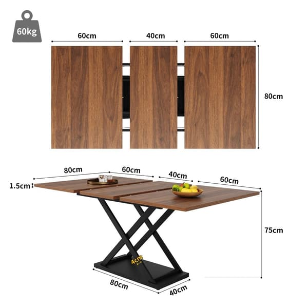Utdragbart matbord 120–160×80 cm i valnötsfärg – platsbesparande köksbord med svarta kryssben i metall, för kök och vardagsrum