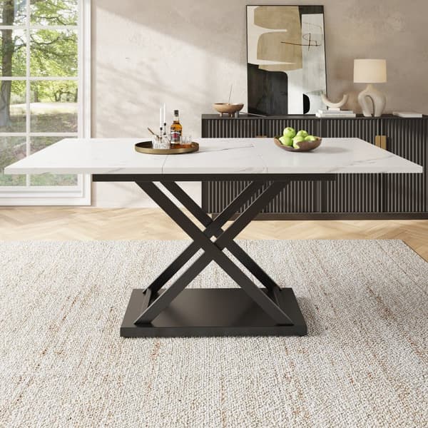 Utdragbart matbord 120–160×80 cm – vitt marmorbord med svarta kryssben i metall, platsbesparande köksbord för kök och vardagsrum