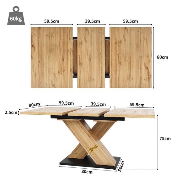 Utdragbart matbord 119–158,5×80 cm i träfärg – teleskopiskt köksbord med kryssben, platsbesparande bord för kök och vardagsrum