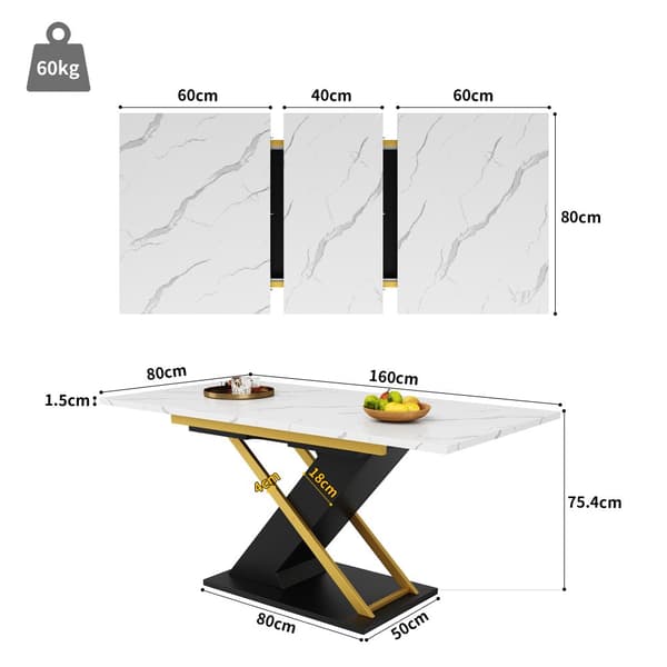 Förlängningsbart matbord 120–160×80 cm – utdragbart bord med iläggsskiva & guldfärgade kryssben för kök/vardagsrum