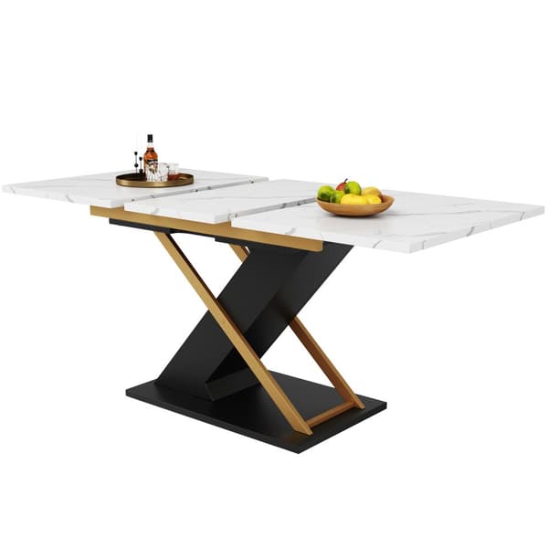 Förlängningsbart matbord 120–160×80 cm – utdragbart bord med iläggsskiva & guldfärgade kryssben för kök/vardagsrum