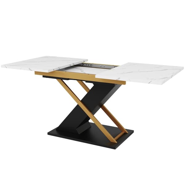 Förlängningsbart matbord 120–160×80 cm – utdragbart bord med iläggsskiva & guldfärgade kryssben för kök/vardagsrum