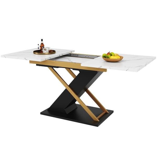 Förlängningsbart matbord 120–160×80 cm – utdragbart bord med iläggsskiva & guldfärgade kryssben för kök/vardagsrum
