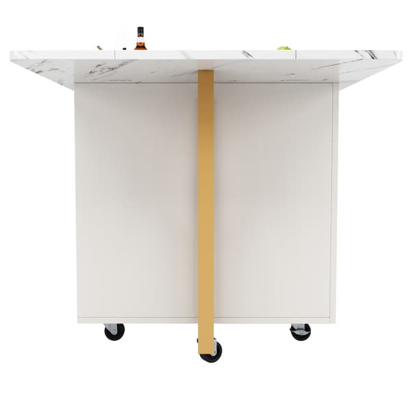 Portabel matbord med fällbar marmorbordsskiva, stora förvaringsfack, justerbara avdelare & 6 hjul (2 låsbara), med guldfärgade ben