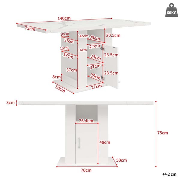 Matbord med förvaring 140×75×75 cm – Platsbesparande köksbord med marmorskiva, 3-nivåhylla, vit, för kök och vardagsrum
