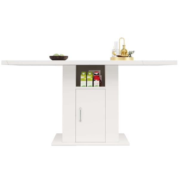 Matbord med förvaring 140×75×75 cm – Platsbesparande köksbord med marmorskiva, 3-nivåhylla, vit, för kök och vardagsrum