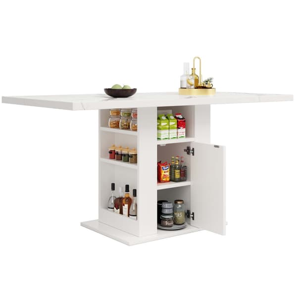 Matbord med förvaring 140×75×75 cm – Platsbesparande köksbord med marmorskiva, 3-nivåhylla, vit, för kök och vardagsrum