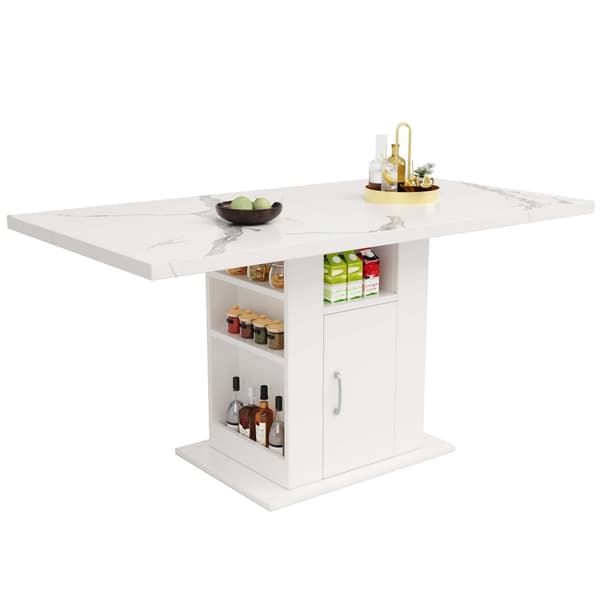 Matbord med förvaring 140×75×75 cm – Platsbesparande köksbord med marmorskiva, 3-nivåhylla, vit, för kök och vardagsrum