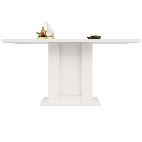Matbord med förvaring 140×75×75 cm – Platsbesparande köksbord med marmorskiva, 3-nivåhylla, vit, för kök och vardagsrum