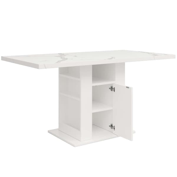 Matbord med förvaring 140×75×75 cm – Platsbesparande köksbord med marmorskiva, 3-nivåhylla, vit, för kök och vardagsrum