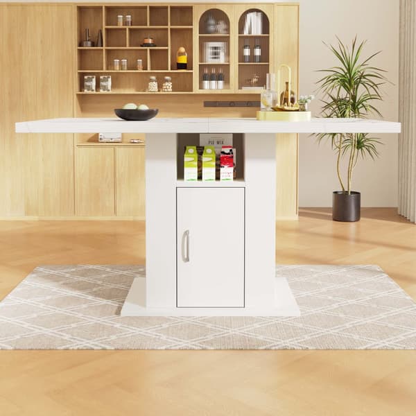 Matbord med förvaring 140×75×75 cm – Platsbesparande köksbord med marmorskiva, 3-nivåhylla, vit, för kök och vardagsrum