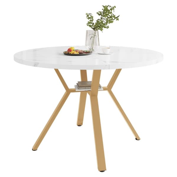 Modern rund marmor-Esstisch (1 m), svart X-formad soffbord med metallhållare, stabil och hållbar – Guldaccent, perfekt för stiliga hem