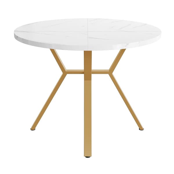 Modern rund marmor-Esstisch (1 m), svart X-formad soffbord med metallhållare, stabil och hållbar – Guldaccent, perfekt för stiliga hem