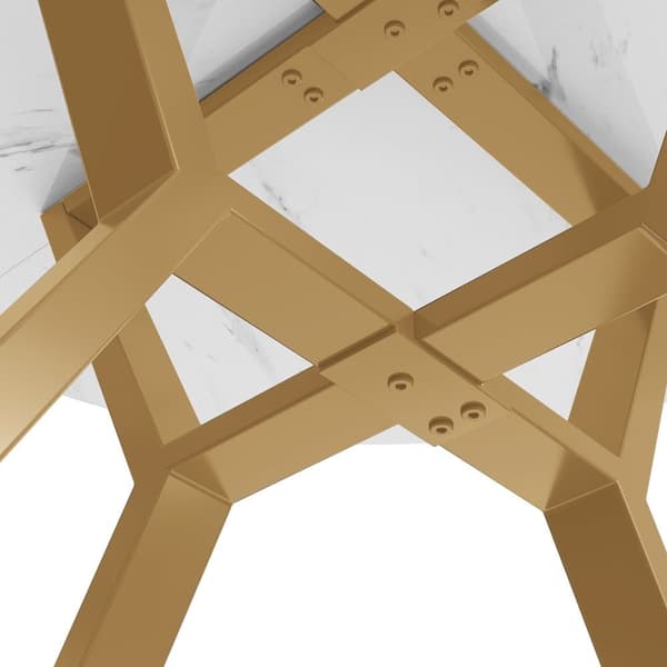 Modern rund marmor-Esstisch (1 m), svart X-formad soffbord med metallhållare, stabil och hållbar – Guldaccent, perfekt för stiliga hem
