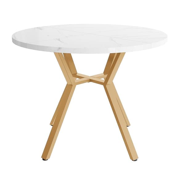 Modern rund marmor-Esstisch (1 m), svart X-formad soffbord med metallhållare, stabil och hållbar – Guldaccent, perfekt för stiliga hem