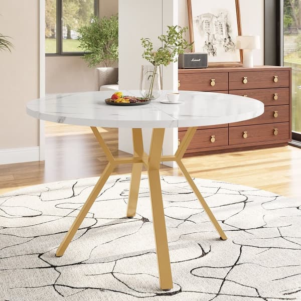 Modern rund marmor-Esstisch (1 m), svart X-formad soffbord med metallhållare, stabil och hållbar – Guldaccent, perfekt för stiliga hem