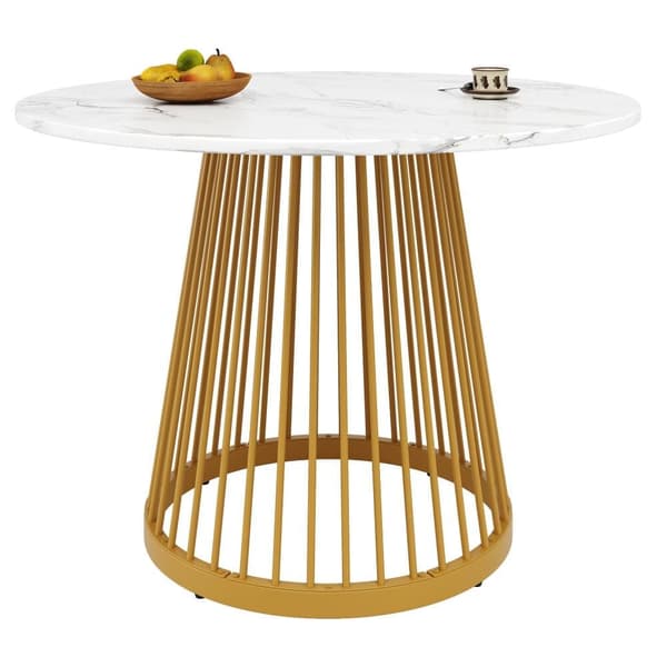 Rund esstabel (80x80x76 cm) med marmoriserad bordsskiva, metallben i guld, perfekt för kök och vardagsrum – Kaffebord för 4 personer