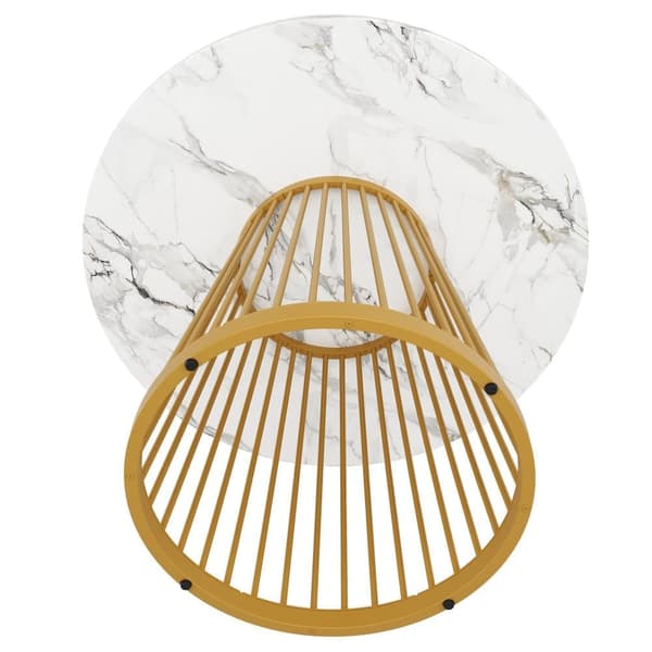 Rund esstabel (80x80x76 cm) med marmoriserad bordsskiva, metallben i guld, perfekt för kök och vardagsrum – Kaffebord för 4 personer