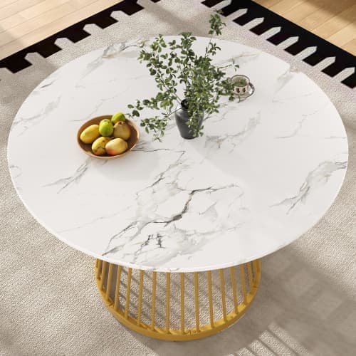 Rund esstabel (80x80x76 cm) med marmoriserad bordsskiva, metallben i guld, perfekt för kök och vardagsrum – Kaffebord för 4 personer