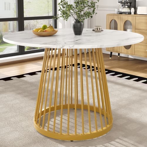 Rund esstabel (80x80x76 cm) med marmoriserad bordsskiva, metallben i guld, perfekt för kök och vardagsrum – Kaffebord för 4 personer