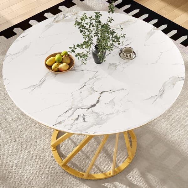 Rund Esstbord 80×80 cm, Kaffeebord för 4, MDF Marmor Skiva, Guld Metallben, För Matsal och Vardagsrum