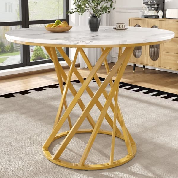 Rund Esstbord 80×80 cm, Kaffeebord för 4, MDF Marmor Skiva, Guld Metallben, För Matsal och Vardagsrum