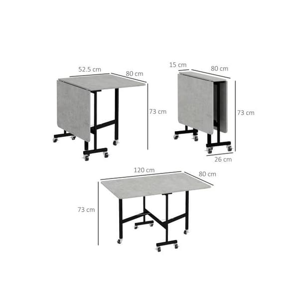 HOMCOM Hopfällbart matbord med hjul för 4-6 personer, stålben, utdragbart 52,5-120 x 80 x 73 cm