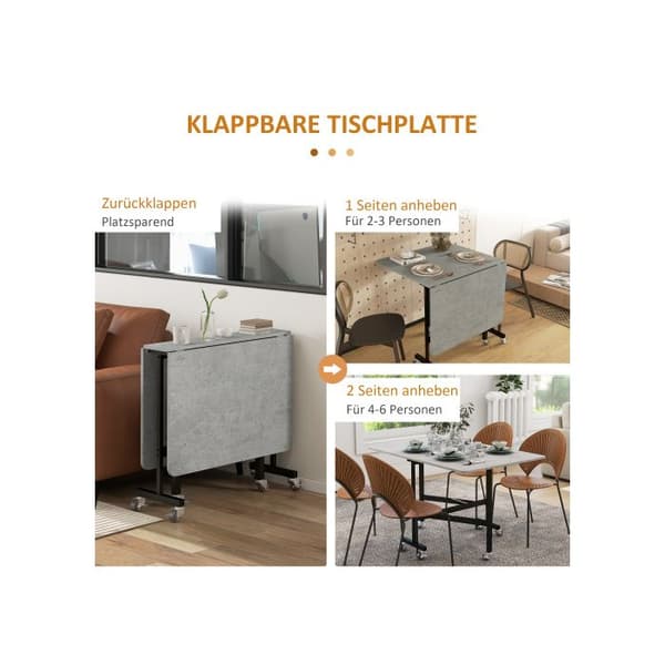 HOMCOM Hopfällbart matbord med hjul för 4-6 personer, stålben, utdragbart 52,5-120 x 80 x 73 cm