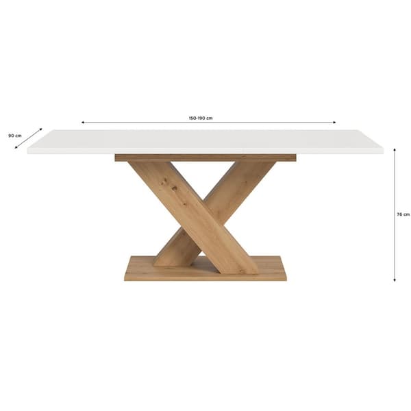 Motion spisebord X-fot 90x150/190cm inkl. 1 tilleggsplate hvit, eik dekor.