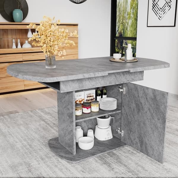 Ovalt utdragbar matbord, L110/130*L70*H75cm, betongutseende + silverfärgade handtag