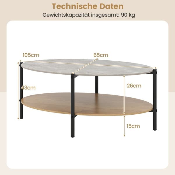Kaffebord, 105x65x43 cm, Naturlig Sort Grå