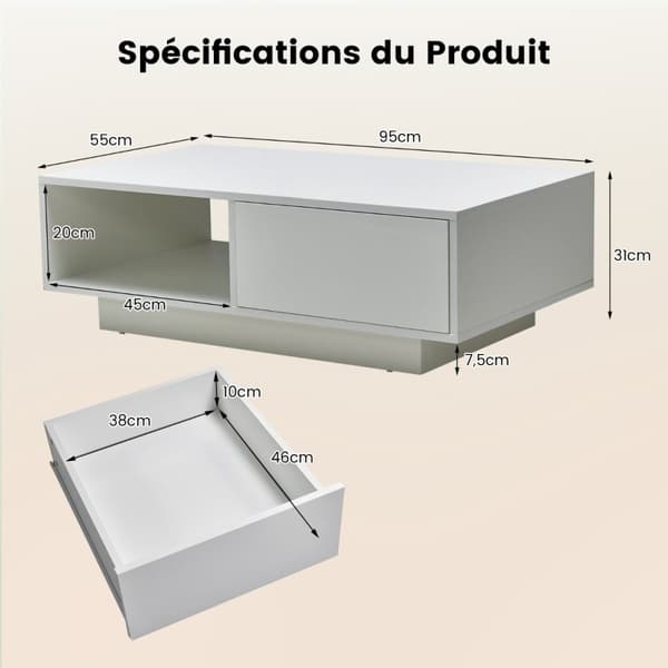 Kaffebord, 95x55x31 cm, Hvid